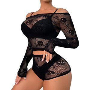 Fishnet chemise bodysuit dress lingerie set long sleeve sexy 2pc SKULLS HOT NWT